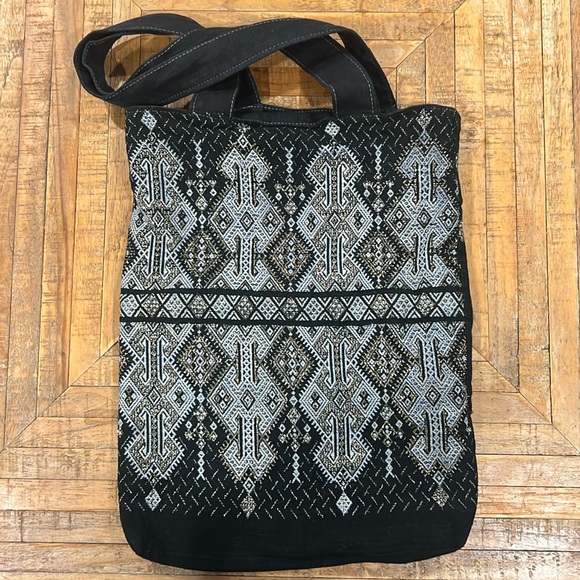 Artisan black tote with Greek traditional fabric - Picture 1 of 9
